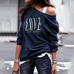 Sexy top - loose off-shoulders - long sleeve t-shirt - LOVE printBlouses & shirts