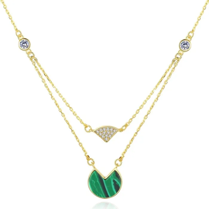 Gold necklace with malachite & zircons - double chain - 925 sterling silverNecklaces