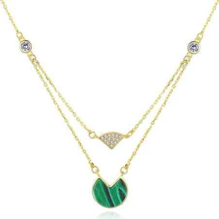 Gold necklace with malachite & zircons - double chain - 925 sterling silverNecklaces