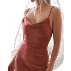 Sexy silk dress - calf-length - thin straps - with a side slitDresses
