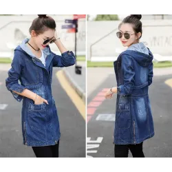 Trendy denim long jacket - with hood - zipper - pocketsJackets
