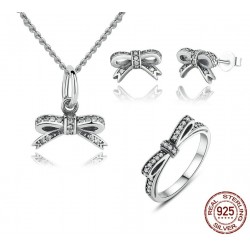 Crystal bow knot - jewellery set - necklace / earrings / ring - 925 sterling silver