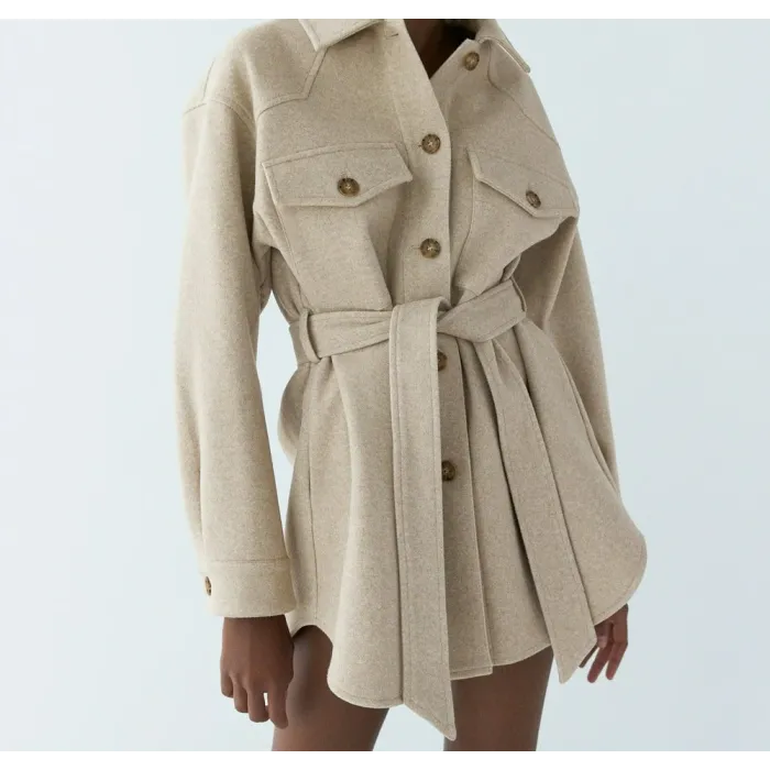 Vintage woolen beige jacket - with pockets / belt / buttonsJackets
