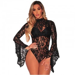 Sexy bodysuit - floral lace - with half turtleneck - long sleeve - open backBlouses & shirts