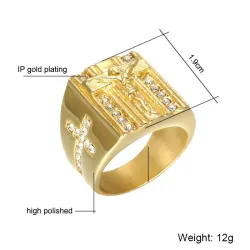 Luxurious gold ring - with Jesus / cross / white cubic zirconia - unisexRings
