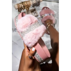 Luxurious fur slippers - with rhinestones - platform on the wedge - profiled insoleShoes