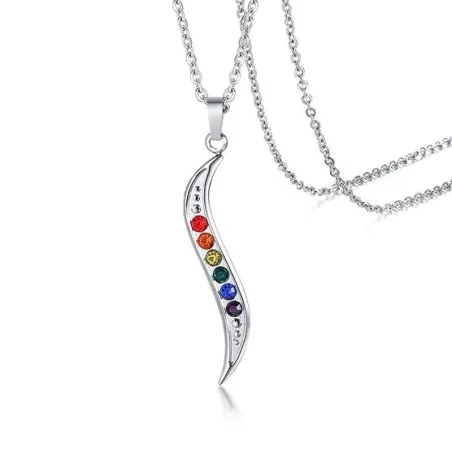 Slim wave shaped pendant - with rainbow stones - stainless steel necklaceNecklaces