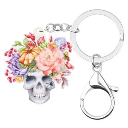 Acrylic Halloween skull with flowers - keychainKeyrings