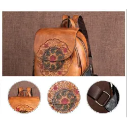 Women's retro backpack - floral embossing - genuine leather - large capacityBackpacks