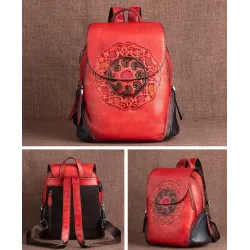 Women's retro backpack - floral embossing - genuine leather - large capacityBackpacks