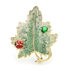 Luxurious crystal brooch - red beetle / green leaf