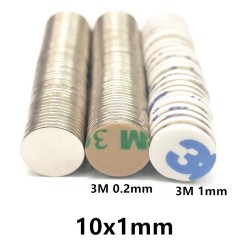 N42 - neodymium magnet - strong round disc - with 3M adhesive - 10mm x 1mm - 10 - 100 piecesN40
