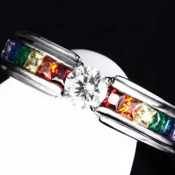 Fashionable ring - colorful rainbow zirconia - unisex - stainless steelRings