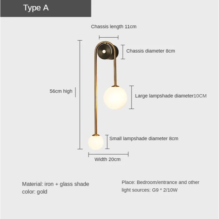 Modern wall lamp - double glass ball - gold iron - LED G9 - AC90-260VWall lights