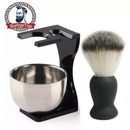 Professional beard shaving set - brush - stainless steel bowl - with standShaving
