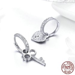 Asymmetric silver earrings - heart / key - with crystals - 925 sterling silverEarrings