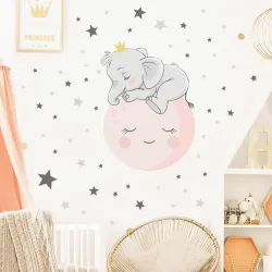 Luminous wall sticker - kids bedroom wallpaper - sleeping baby elephant / moon / starsWall stickers