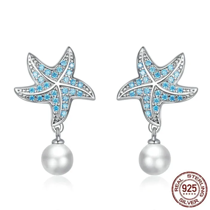 Blue zircon starfish earrings - with pearl - 925 sterling silverEarrings