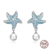 Blue zircon starfish earrings - with pearl - 925 sterling silverEarrings