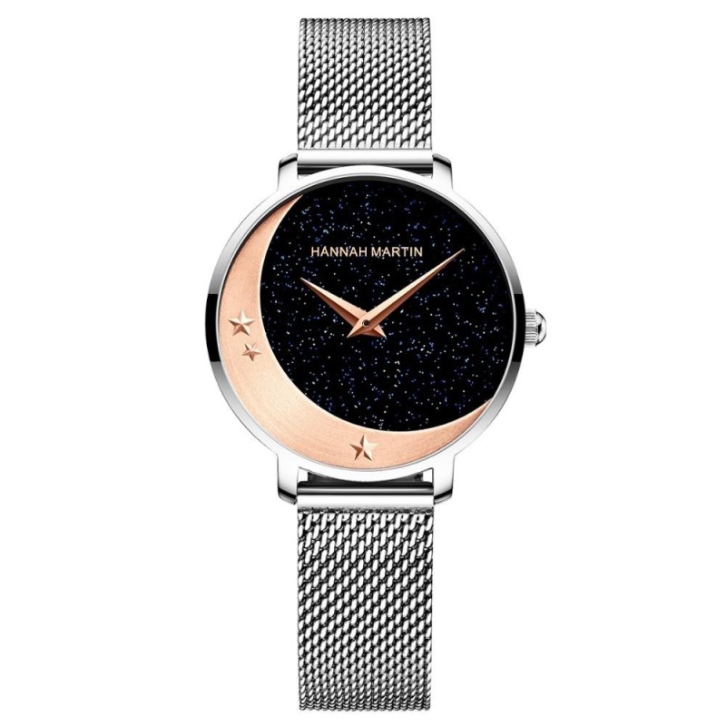 Elegant Quartz watch - stainless steel mesh strap - moon / starsWatches