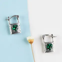 Silver lock / green crystal heart - silver earringsEarrings