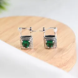 Silver lock / green crystal heart - silver earringsEarrings