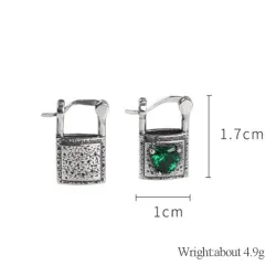Silver lock / green crystal heart - silver earringsEarrings