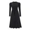 Elegant knitted dress - long sleeve - waist beltDresses