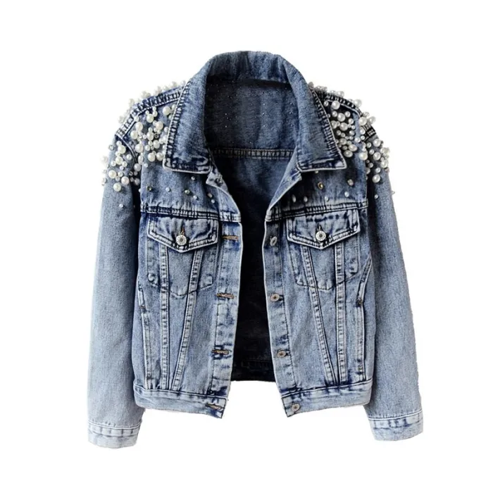 Short denim jacket - with decorative pearlsJackets