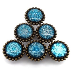 Round furniture handles - knobs - white / blue crystal snowflakes - 6 piecesFurniture