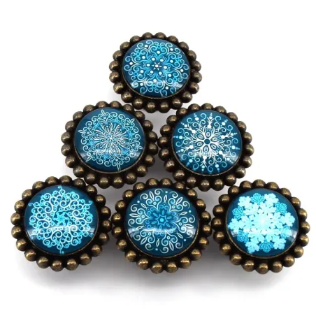 Round furniture handles - knobs - white / blue crystal snowflakes - 6 piecesFurniture