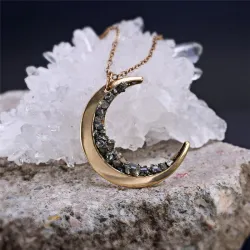 Moon shaped pendant with crushed minerals - gold necklaceNecklaces