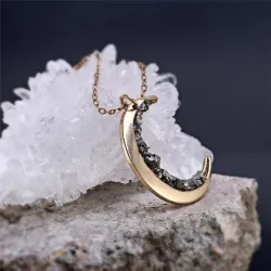 Moon shaped pendant with crushed minerals - gold necklaceNecklaces
