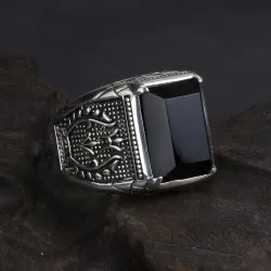 Retro mens signet - with black onyx stone - 925 sterling silverRings