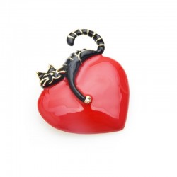 Red heart with lazy cat - enamel broochBrooches