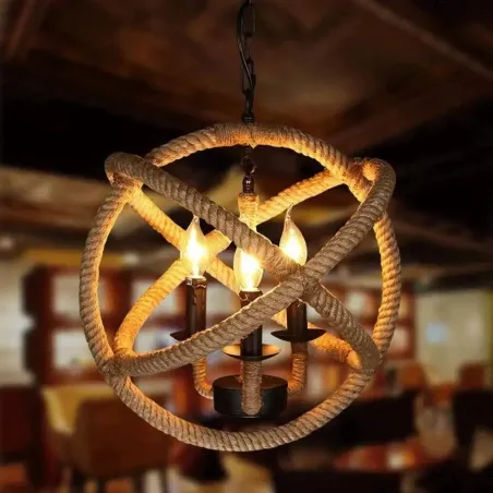 Retro ball hemp rope pendant lights vintage metal chandeliers adjustable chain ceiling lighting for living room decor 35/40cm