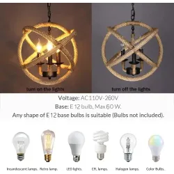 Retro ball hemp rope pendant lights vintage metal chandeliers adjustable chain ceiling lighting for living room decor 35/40cm