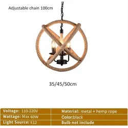 Retro ball hemp rope pendant lights vintage metal chandeliers adjustable chain ceiling lighting for living room decor 35/40cm