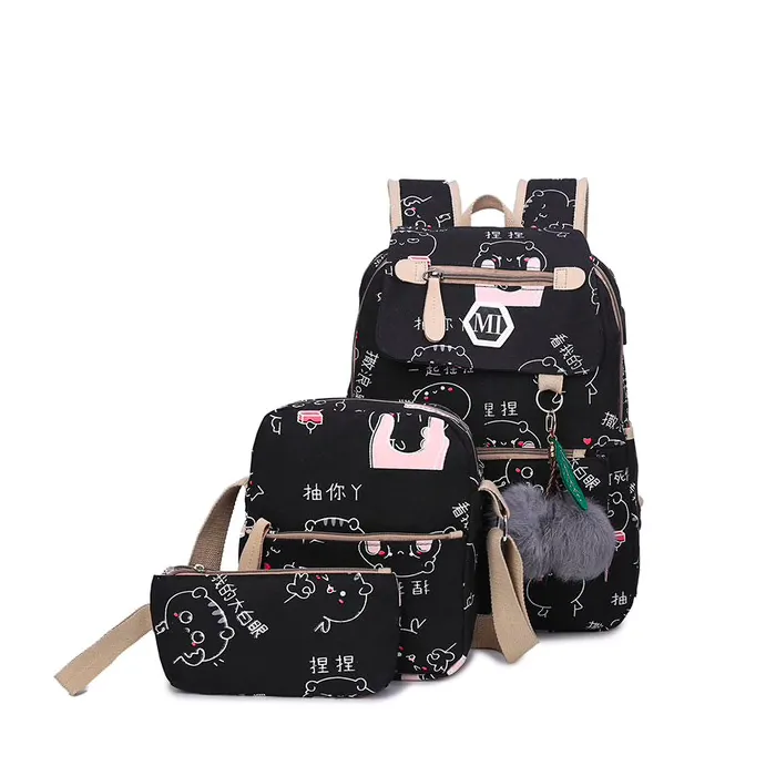 USB charging school backpack canvas 3 pcs setBags