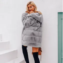 Elegant fluffy hooded long jacket - fur coat - plus sizeJackets