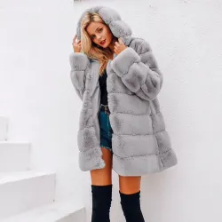 Elegant fluffy hooded long jacket - fur coat - plus sizeJackets
