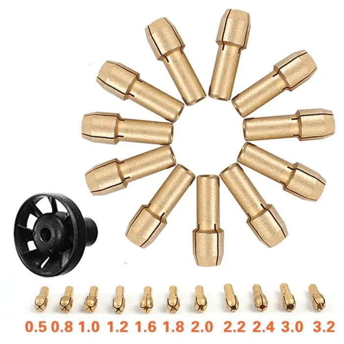 Brass Collet Chuck & M8*0.75 Dust Blower - Dremel Rotary 12pcsBits & drills