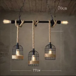 Retro iron hanging lamp with hand knitted rope - lights in cageWall lights