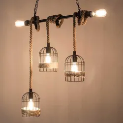 Retro iron hanging lamp with hand knitted rope - lights in cageWall lights